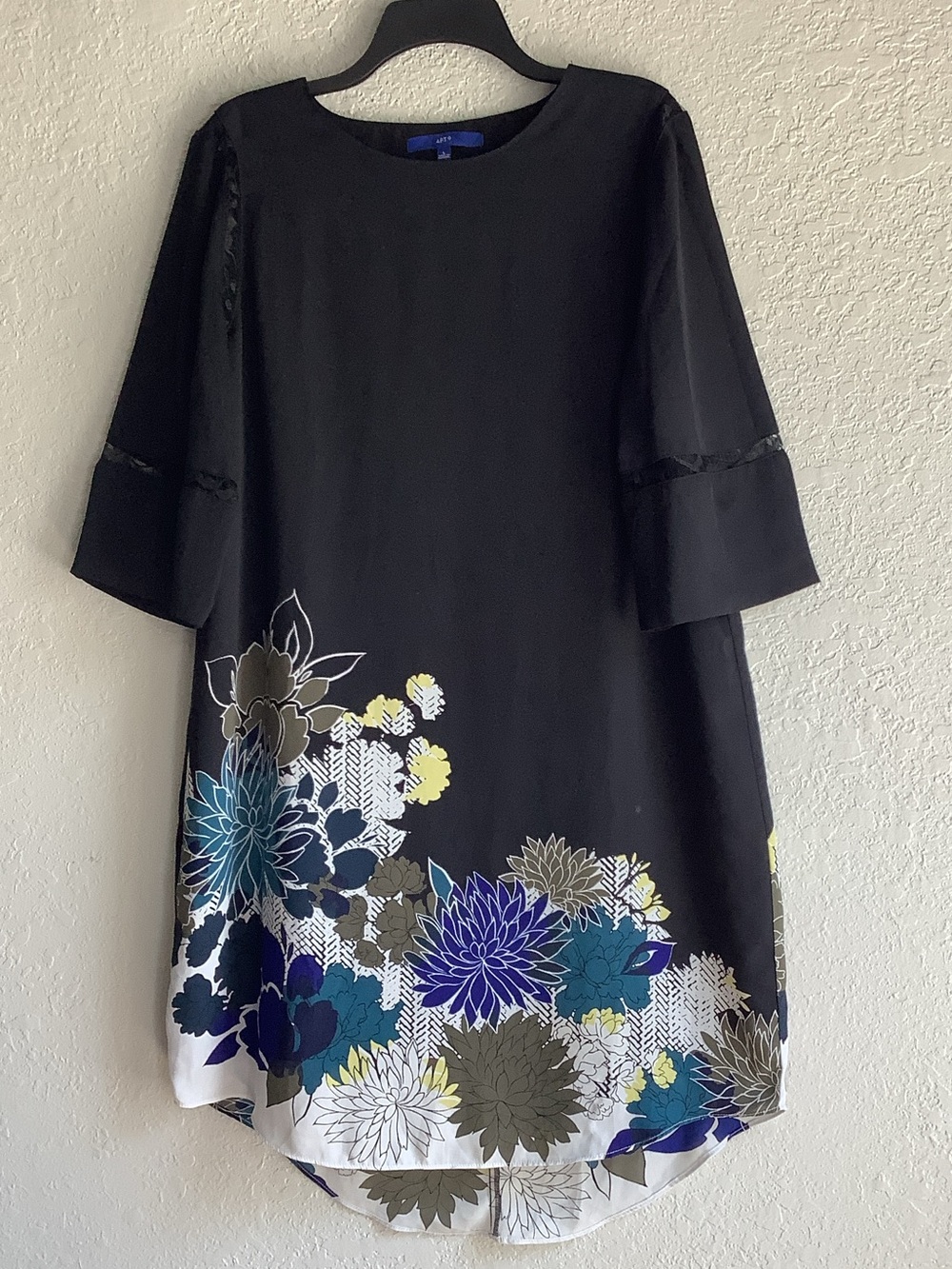 Apt. 9 Black Dress with Blue, Teal, Purple & Yellow Floral Border